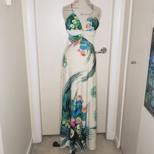 Vintage Cream Maxi Dress with Teal, Green and Pink Floral Accents